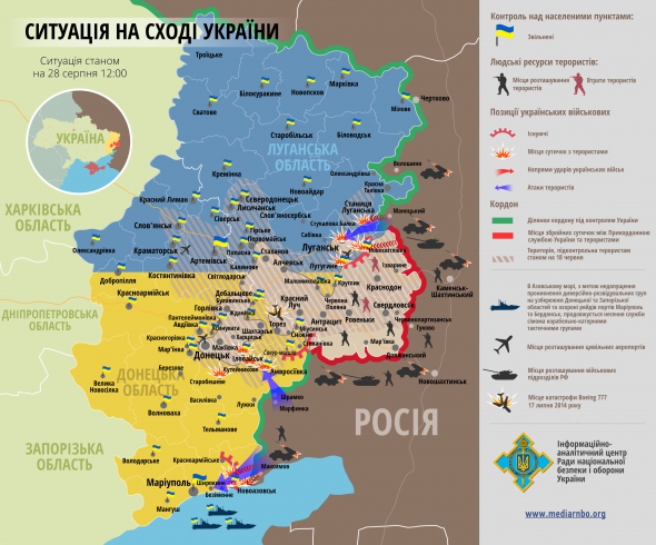 Карта зони АТО станом на 28 серпня - день вторгнення військ РФ