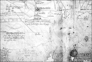 Фрагмент навигационной карты 1339 года, на которой в первый раз в истории был обозначен и изображен Львов. Посередине листа видно знамя, справа от которого надпись: ”Polonia”. Под ним надпись латиницей ”Civita(s) de Leo” — в переводе ”Город Льва”. Еще ниж