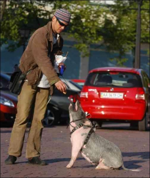Олексій Руденький годує свиню П’яточку пиріжком з маком неподалік Михайлівського собору в Києві