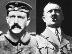 Під час Першої світової війни Адольф Гітлер носив широкі прусські вуса (ліворуч), однак мусив їх підстригти, бо не влізали під протигаз