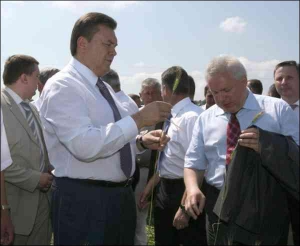 Во время визита в Полтаву премьер Виктор Янукович с губернатором Валерием Асадчевым осматривают состояние пшеницы на полях агрофирмы ”1 Мая”