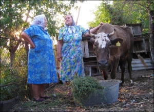 Жителька райцентру Чечельник Тетяна Тройцюк (праворуч) бідкається сусідці Марії Арсиневич, що вже півтора місяця не виганяє корову на пасовище. Уся трава вигоріла