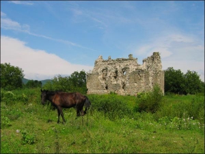 Замок у селищі Середнє на Закарпатті мав вигляд чотирикутної кам’яної башти, на кшталт поширених у Західній Європі в XIII столітті. Її розміри 18,6х16,5 метра, а товщина стін — 2,6 метра. Зруйнований був на початку XVIII століття під час угорського повста