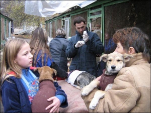 Ветеринар Игорь Гаврилюк в винницком приюте для собак делает прививку против чумки. Вакцина ”Вангарду” стоит 15 гривен. Животных ему подносят школьницы-волонтеры. Слева с псом — Таня Никончук. Девушки приходят сюда на выходные