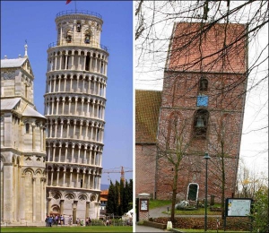 Церква в німецькому містечку Зуурхузен (праворуч) від вертикального положення відхилена на 5,19 градуса, а Пізанська вежа в Італії — на 3,97