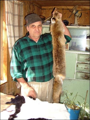 Василий Иванина в мастерской поселка Междугорье Закарпатской области держит шкуру лисы