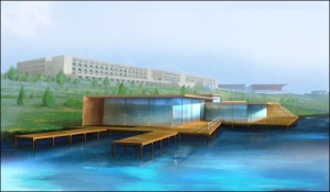 Проект павильона ”Дом рыбка”, где будут рыбачить отдыхающие будущего курортного комплекса. Он будет стоять на пруду села Лелитка. За ним виден пятизвездочный отель ”Мандарин”. Кроме номеров, там будут конференц-залы, большой магазин модной одежды загранич
