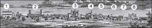Панорама Луцка с запада, рисунок 1867 (по другим данным — 1865) года. Хотя город тогда переживал упадок, заметно достаточно много достопримечательностей прошлого. В частности, монастырь тринитариев (1), замок XIV век (2), кафедральный костел святых Петра 