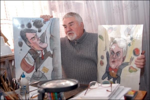 Карикатури на політиків Анатолій Василенко продає за ціною від 30 доларів. Крім політиків, багато малює котів