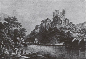 Руїни замку в Острозі. Малюнок 1821 року. На початку XX століття споруди були ретельно реставровані