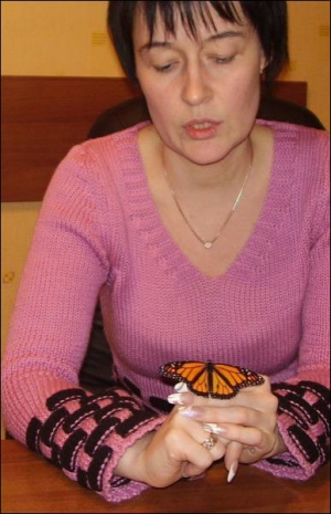 Директор киевской фирмы ”Баттерфляй ленд” Елена Маликова показывает дневную бабочку Данаиду, которую называют Монархом. Этот вид бабочек живет в Китае и Малайзии. В период миграции они перелетают на расстояние до трех тысяч километров. В ”Баттерфляй ленде