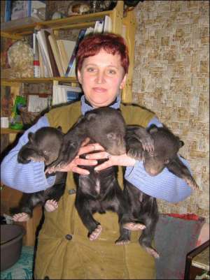 Медвежат у матери отняли через месяц после рождения. Сейчас они живут в кабинете 40-летней зоотехника Оксаны Броварник (на фото)