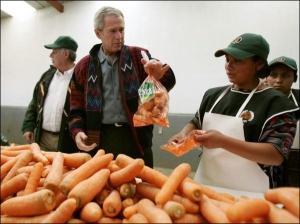 Американський президент Джордж Буш під час візиту на півострів Лабрадор на сході Канади купив пакунок із морквою, вирощеною місцевими фермерами