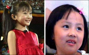 9-летняя китаянка Линь Миаоке (слева) пела на открытии Олимпийских игр под фонограмму голоса Ян Пейи (справа). Члены китайского политбюро решили, что Пейи недостаточно красивая для публичного выступления