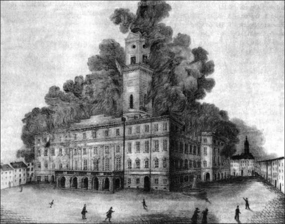 Пожежа у львівській ратуші після бомбардувань 2 листопада 1848 року. Літографія Й. Ріделя