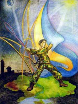 Ця картина Владлена Тяна перемогла на конкурсі ”Як захищати Батьківщину”. На ній український військовий на кордоні