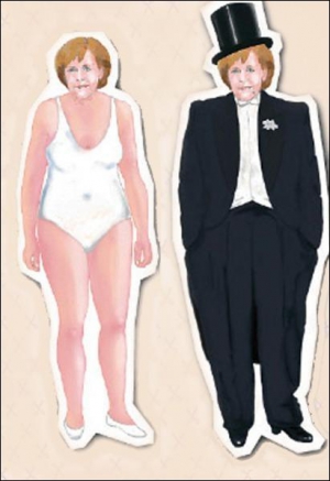Кукла немецкого канцлера Ангелы Меркель в белом купальнике и черном фраке с цилиндром