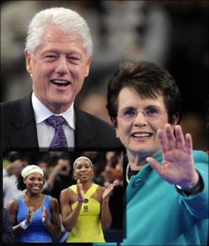 Билл Клинтон и Билли Джин Кинг приветствуют победительницу