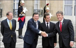 Хав&#39;єр Солана, Жозе Мануель Баррозу, Ніколя Саркозі та Віктор Ющенко на саміті Україна-ЄС в Парижі. Вересень 2008 р.