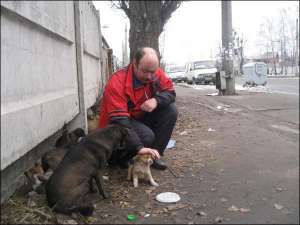 Водитель маршрутки 43-летний Виталий подкармливает хлебом беспризорную собаку с шестью щенками. Накануне их было семеро. Живут за бетонным забором на конечной остановке ”Институт связи” в Полтаве