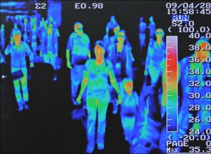Изображение на экране термального сканера, которое показывает температуру тела пассажиров в аэропорту Сеула. Эксперты уверены, что свиной грипп усилит финансовый кризис