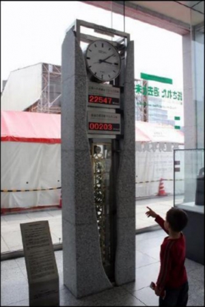 &#39;Часы Мира&#39;, верхняя строчка электронного табло которых отсчитывает дни с ядерной бомбардировки Хиросимы, а нижняя строчка - дни с момента последнего ядерного испытания в мире