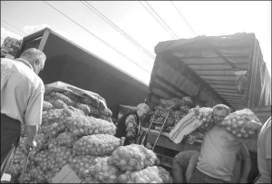 Мужчина несет к своей машине два мешка лука, который приобрел на рынке Шувар во Львове. Килограмм продают по 2 гривны