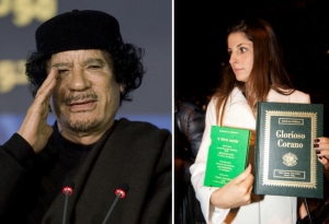 Полковник Муамар Каддафі під час лекції у Римі та одна із 500 запрошених італійок. Вона тримає подаровані полковником книги: Коран та ”Зелену Книгу” Каддафі італійською