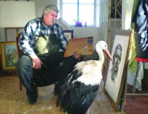 Лелека Буслик стоїть поряд із художником Олексою Близнюком у художній майстерні у місті Городище на Черкащині. Птах став ручним