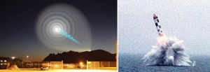 Очевидці сфотографували вогняну кулю над містом Тромсьо на півночі Норвегії. Світло нагадує спіраль (знімок ліворуч). Науковці припускають, що вибухнула російська балістична ракета ”Булава” (знімок праворуч), яку випробовували у Білому морі