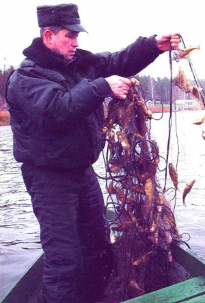 Игорь Вакула показывает сети с рыбой, которые выловили из Гнилого Тикича в Звенигородке