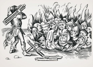 Під час епідемії чуми євреїв живцем спалюють у німецькому місті Кельні,  малюнок XV століття