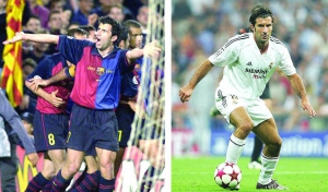 Луиш Фигу в футболке ”Барселоны” (слева) и ”Реала”. В каждом из испанских грандов португалец выступал по пять лет. Начинал карьеру в лиссабонском ”Спортинге”, а завершил в миланском ”Интере”
