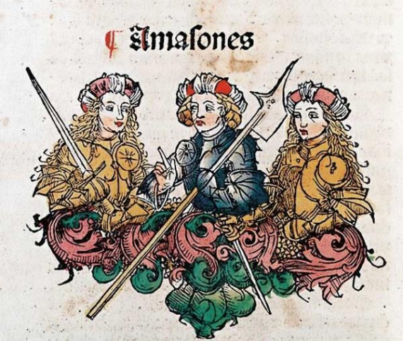 Зображення амазонок у Schedelsche Weltchronik, Нюрнберґ, 1493 рік. Автор цієї книги - німецький лікар та історік Гартман Шедель - описав у ній міста та країни світу й багато оздобив її ілюстраціями й картами