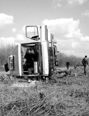 Перевернутый пассажирский автобус БАЗ во вторник на дороге Ривне–Млынов–Берестечко. От удара о пни тополей оторвало переднюю колесную ось