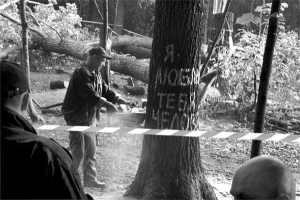Міські робочі 2 червня пиляють бензопилою дерево у Центральному парку імені Горького у Харкові. На стовбурі захисники написали: ”Я люблю тебя, человек”