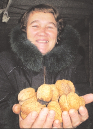 Доглядальниця Івана Батюкова 53-річна вінничанка Людмила Янкович перебирає горіхи під навісом його будинку