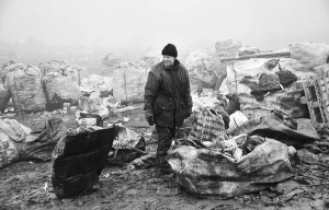 Чоловік сортує непотріб у великі мішки на Грибовицькому сміттєзвалищі Жовківського району