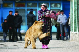 Наглядачка зоопарку в Душанбе Зухра Емомова вигулює 18-місячного лева Вадіка