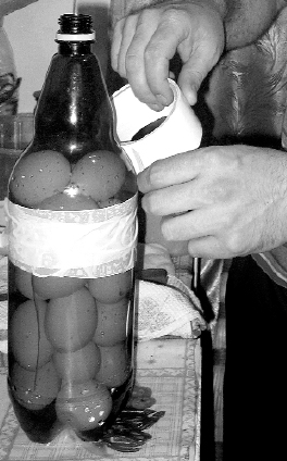 У дволітрову пляшку вміщається 18 яєць. Їх запихають через невеликий розріз, потім його заклеюють скотчем