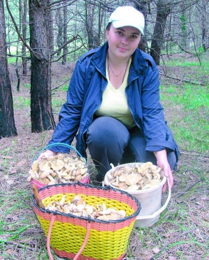 Наталія Чунис показує маслюки, які назбирала у лісі біля села Тернівщина Полтавського району