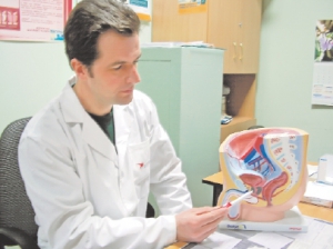Столичний уролог Дмитро Мастеренко показує на макеті передміхурову залозу. Через хронічну інфекцію у ній чоловіки теж хворіють на цистит 