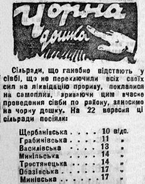 Газета ”Більшовик Полтавщини” за 23 вересня 1932 року. У ній вказані сім сільських рад Полтавського району, що ”ганебно відстають у сівбі”. За це їх занесли на чорну дошку