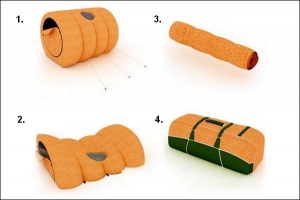 Із зібраного намета (1) потрібно вручну видавити повітря (2), згорнути його в рулон (3) і скласти в сумку (4)