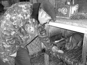 Станіслав Голюк із райцентру Літин годує кролів у сараї, який збудував біля п’ятиповерхівки, де живе