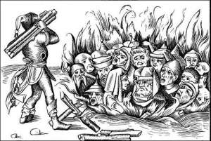 У поширенні чуми винними зробили євреїв. На малюнку 15 століття зображено, як їх живцем спалюють у німецькому місті Кельн 