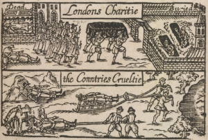 На старовинних гравюрах з Лондона видно мортуси, які звозять трупи на возах, риють могили і займаються похованням