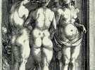 “Чотири відьми”, гравюра Альбрехта Дюрера, 1497 рік. На те, що ці граційні жінки пов’язані з чарівництвом, художник натякнув кількома деталями: череп і кістка під ногами, вишкірений диявол у дверях унизу ліворуч