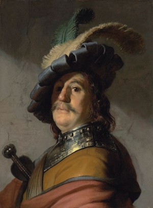 &quot;Поясний портрет чоловіка в нагруднику й капелюсі&quot; пензля Рембрандта