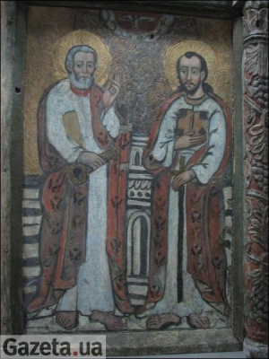 Апостолы Петр и Павел, украинская икона 17 века. В древних колядках апостол Петр изображен опекуном урожая: запахивает ниву на озимь, а погонщиком у него святой